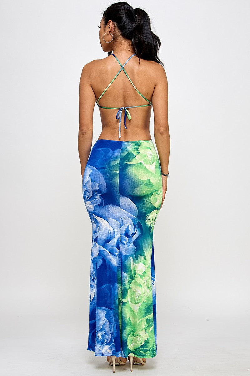 Mya Flower Print Halter Neck Open Back Mesh Maxi Dress