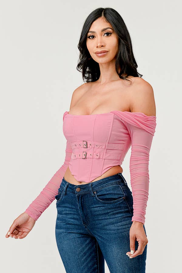 Buckle Hunny Off Shoulder Mesh Sleeve Corset Top