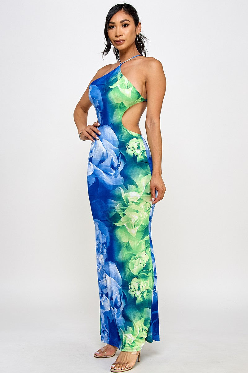 Mya Flower Print Halter Neck Open Back Mesh Maxi Dress