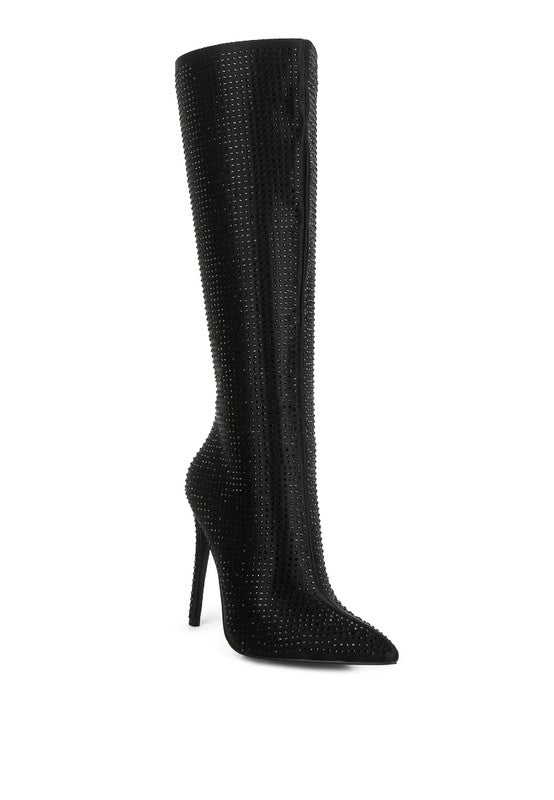 Hollywood Diamante Embelished Pointed Toe Mid Calf Boots