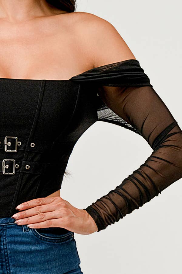 Buckle Hunny Off Shoulder Mesh Sleeve Corset Top