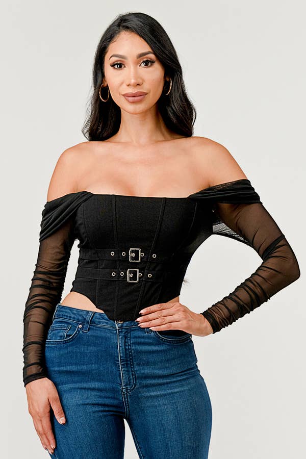 Buckle Hunny Off Shoulder Mesh Sleeve Corset Top