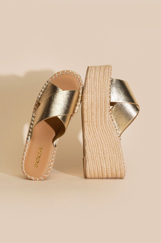 Sundaze Metallic Platform Espadrille Slide Wedges