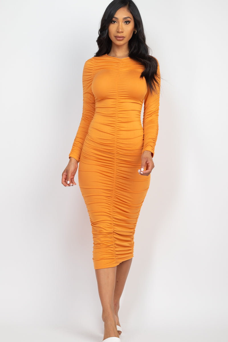 Not So Basic Ruched Long Sleeve Midi Dress