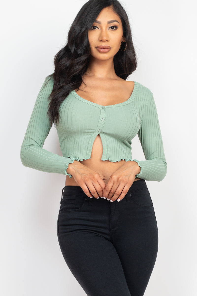 Casual Basics Ribbed Button Front Split Long Sleeve Crop Top