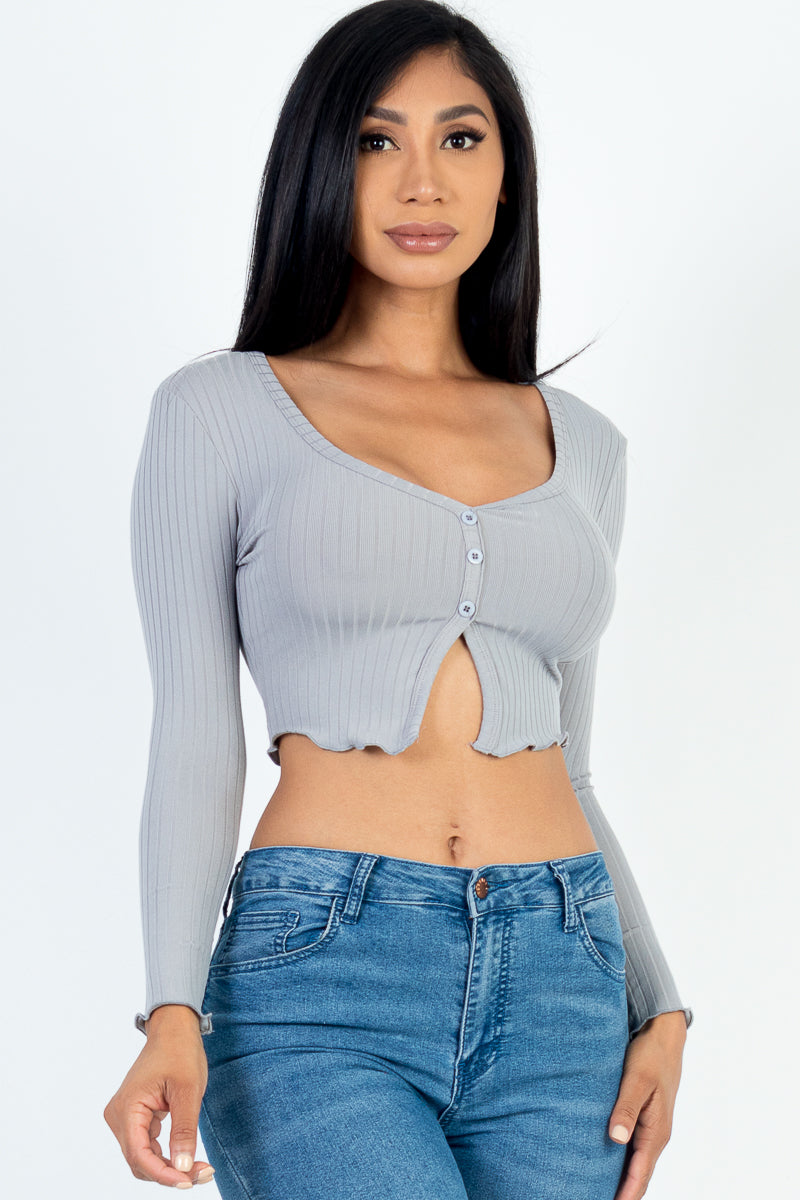 Casual Basics Ribbed Button Front Split Long Sleeve Crop Top