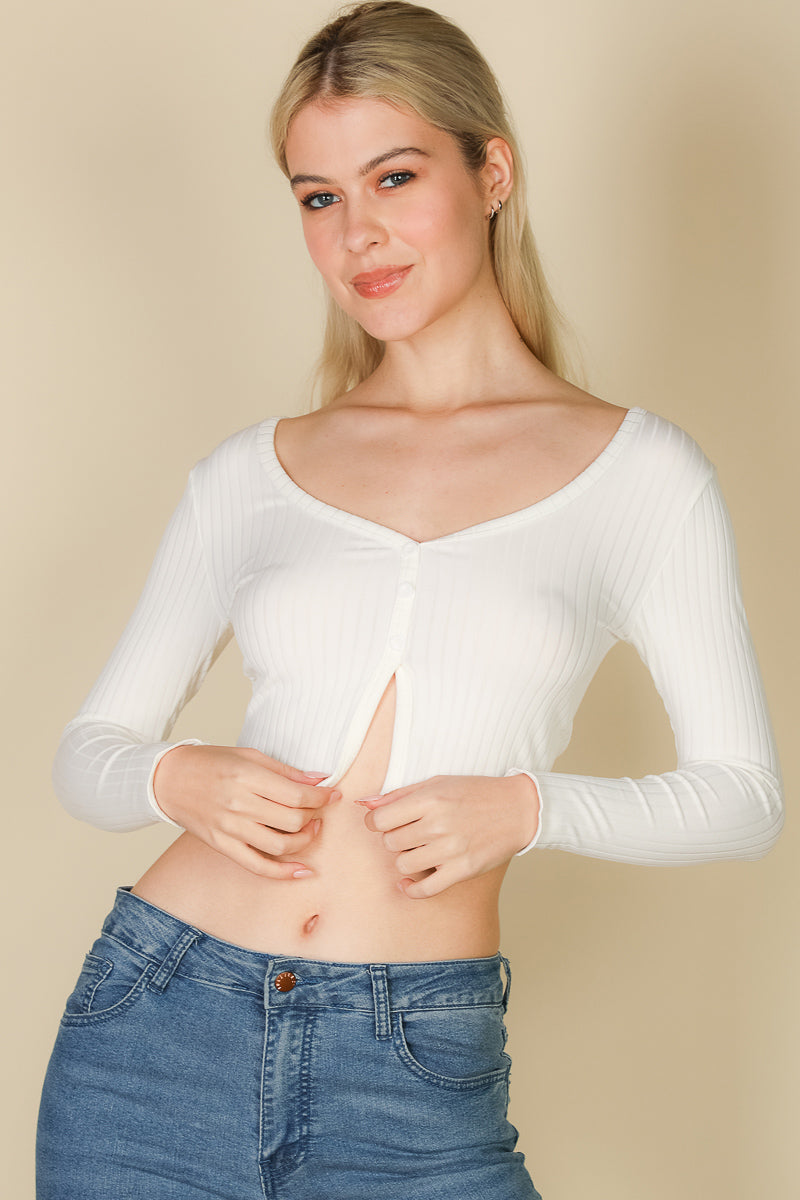 Casual Basics Ribbed Button Front Split Long Sleeve Crop Top