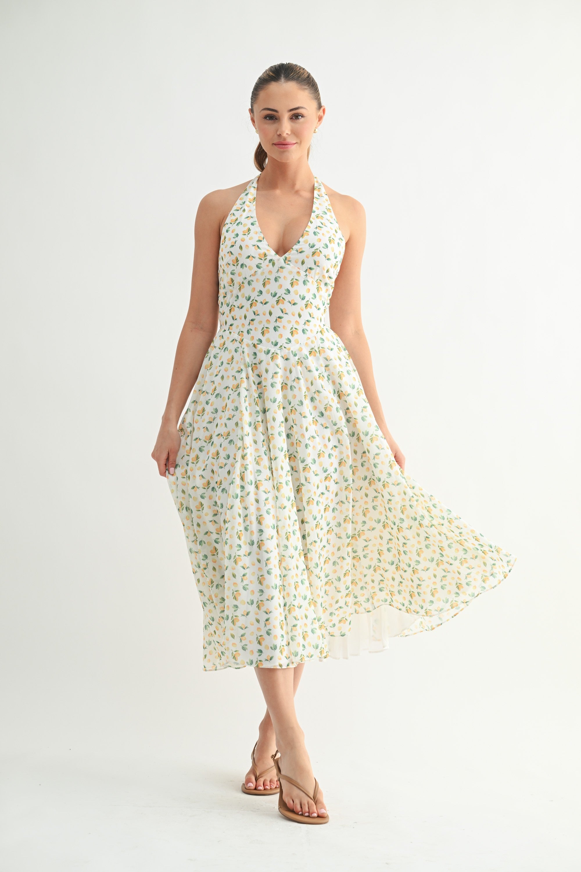 Capri Deep V Neck Lemon Print Halter Midi Dress