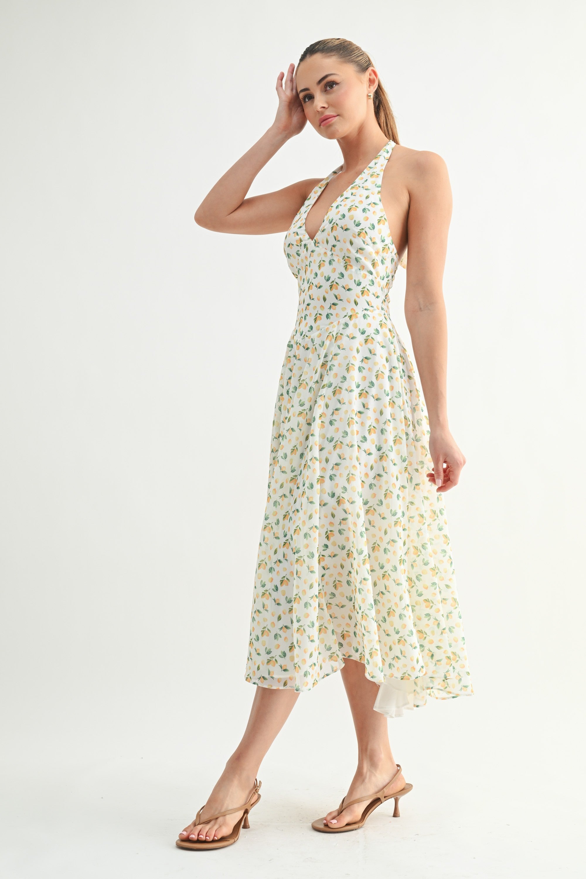 Capri Deep V Neck Lemon Print Halter Midi Dress