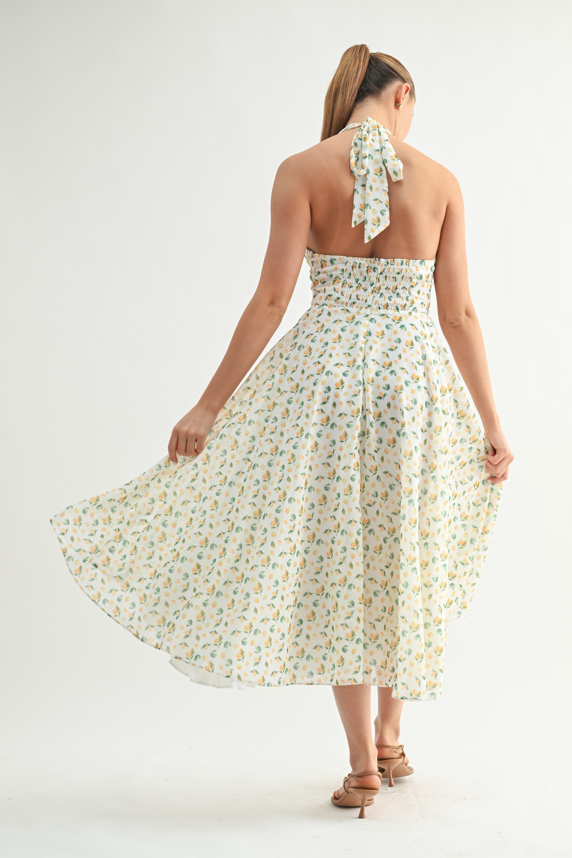 Capri Deep V Neck Lemon Print Halter Midi Dress