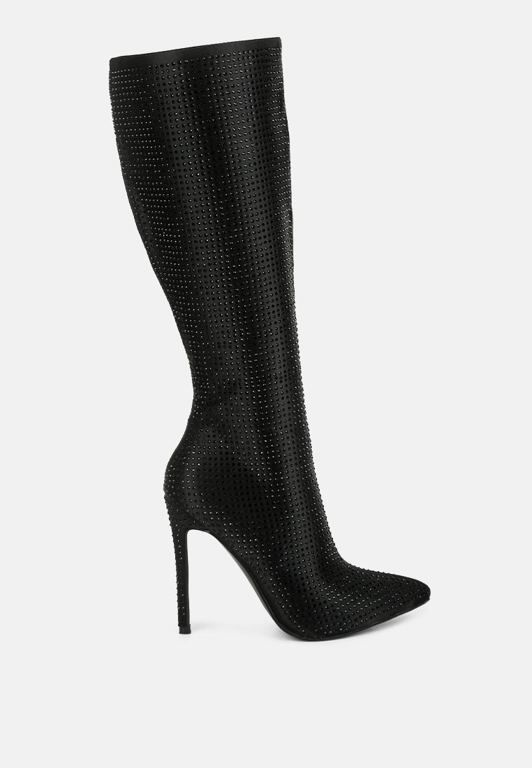 Hollywood Diamante Embelished Pointed Toe Mid Calf Boots