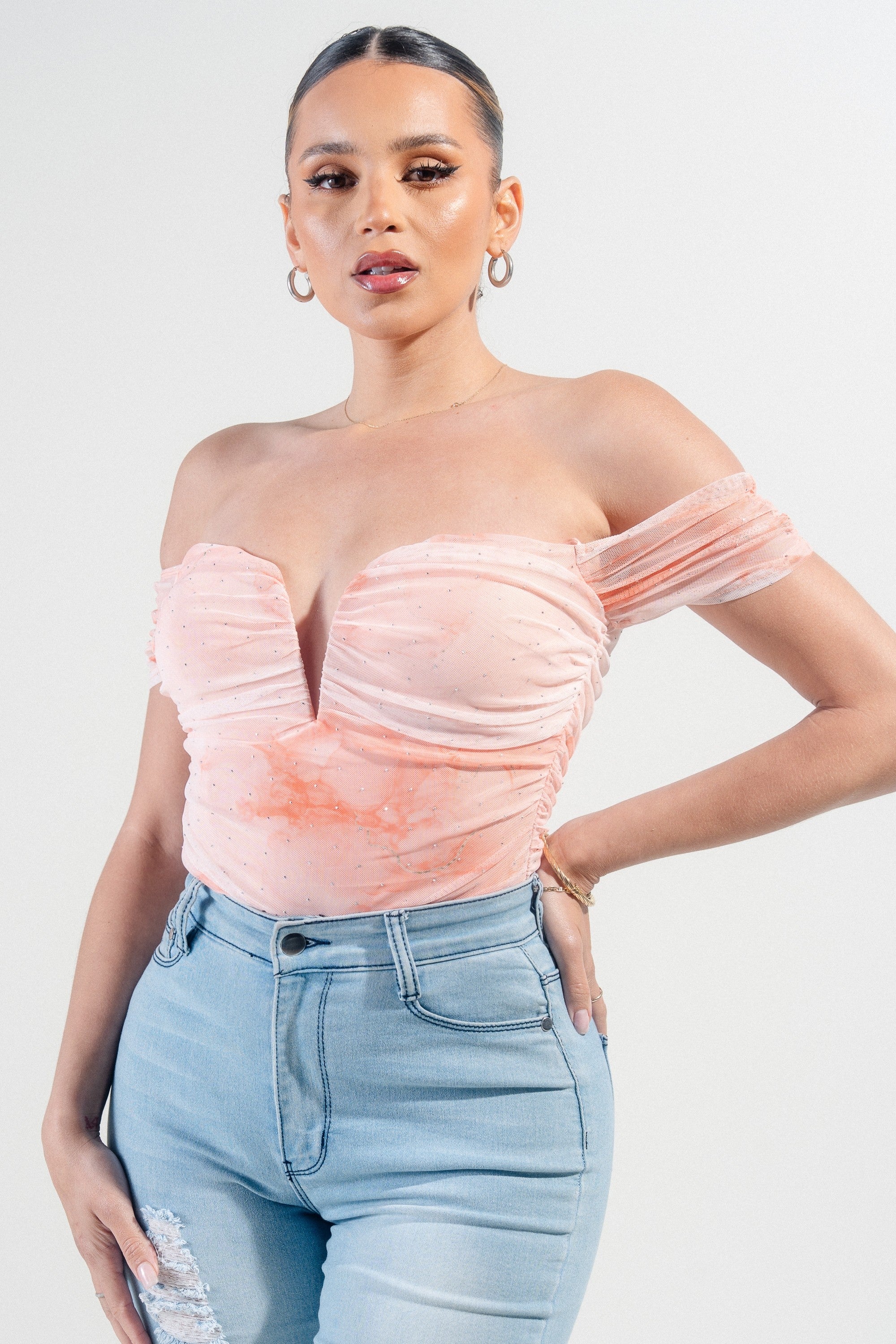 Coralie Hotfix Printed Mesh Off Shoulder Bodysuit