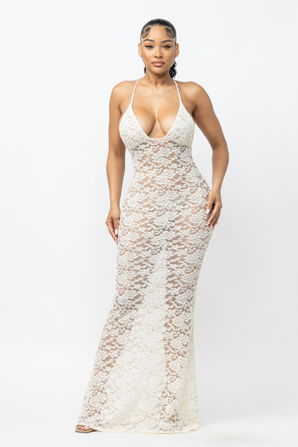 Helena Deep V Neck Sheer Lace Mesh Maxi Dress