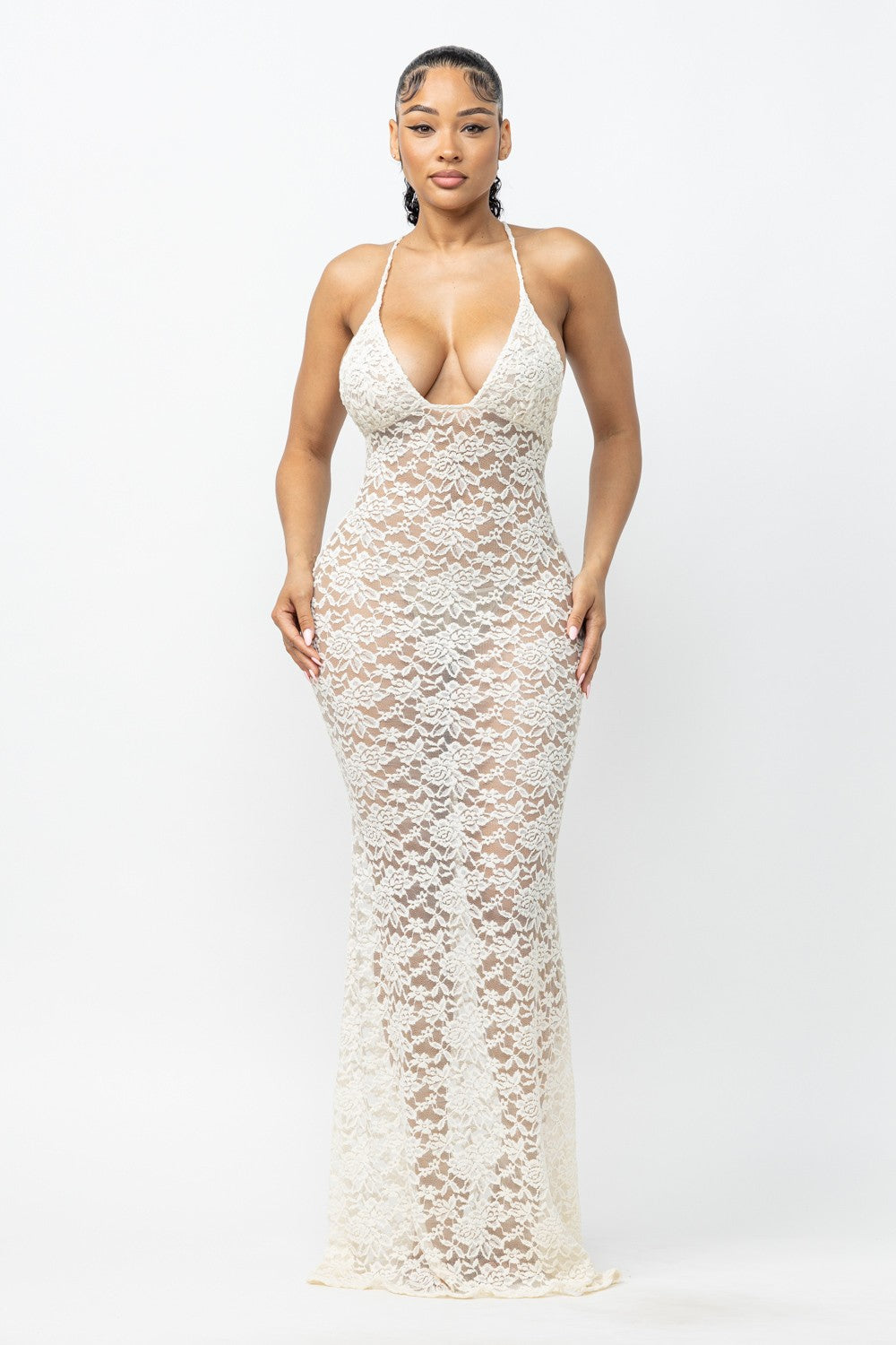 Helena Deep V Neck Sheer Lace Mesh Maxi Dress
