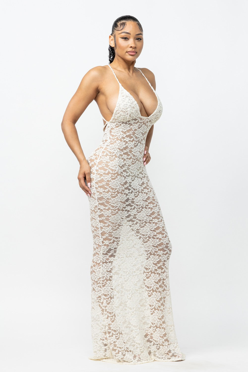 Helena Deep V Neck Sheer Lace Mesh Maxi Dress
