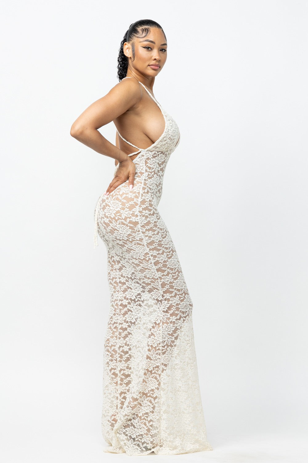 Helena Deep V Neck Sheer Lace Mesh Maxi Dress