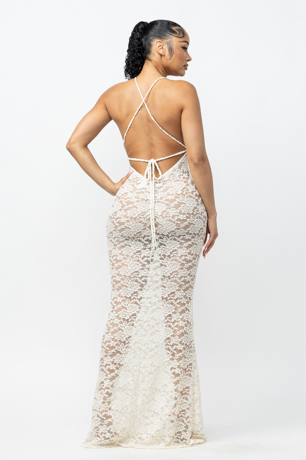 Helena Deep V Neck Sheer Lace Mesh Maxi Dress
