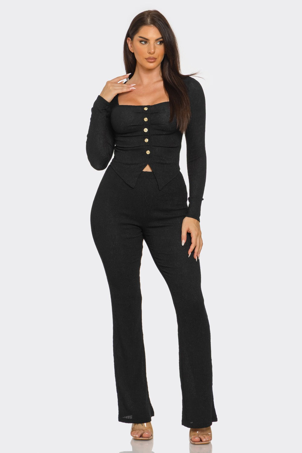 Eva Square Neck Button Front Top And Pants Set