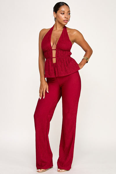 Elara Deep Plunge Halter Top & Matching Pant Two Piece Set