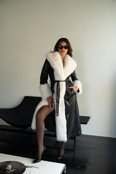 Sydney Faux Fur Trim Black Vegan Leather Trench Coat