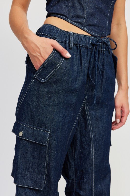 Arya Contrast Stitch Denim Cargo Jeans - ShopRbls