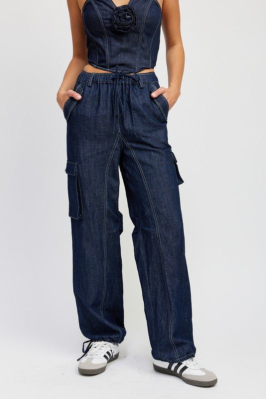 Arya Contrast Stitch Denim Cargo Jeans - ShopRbls