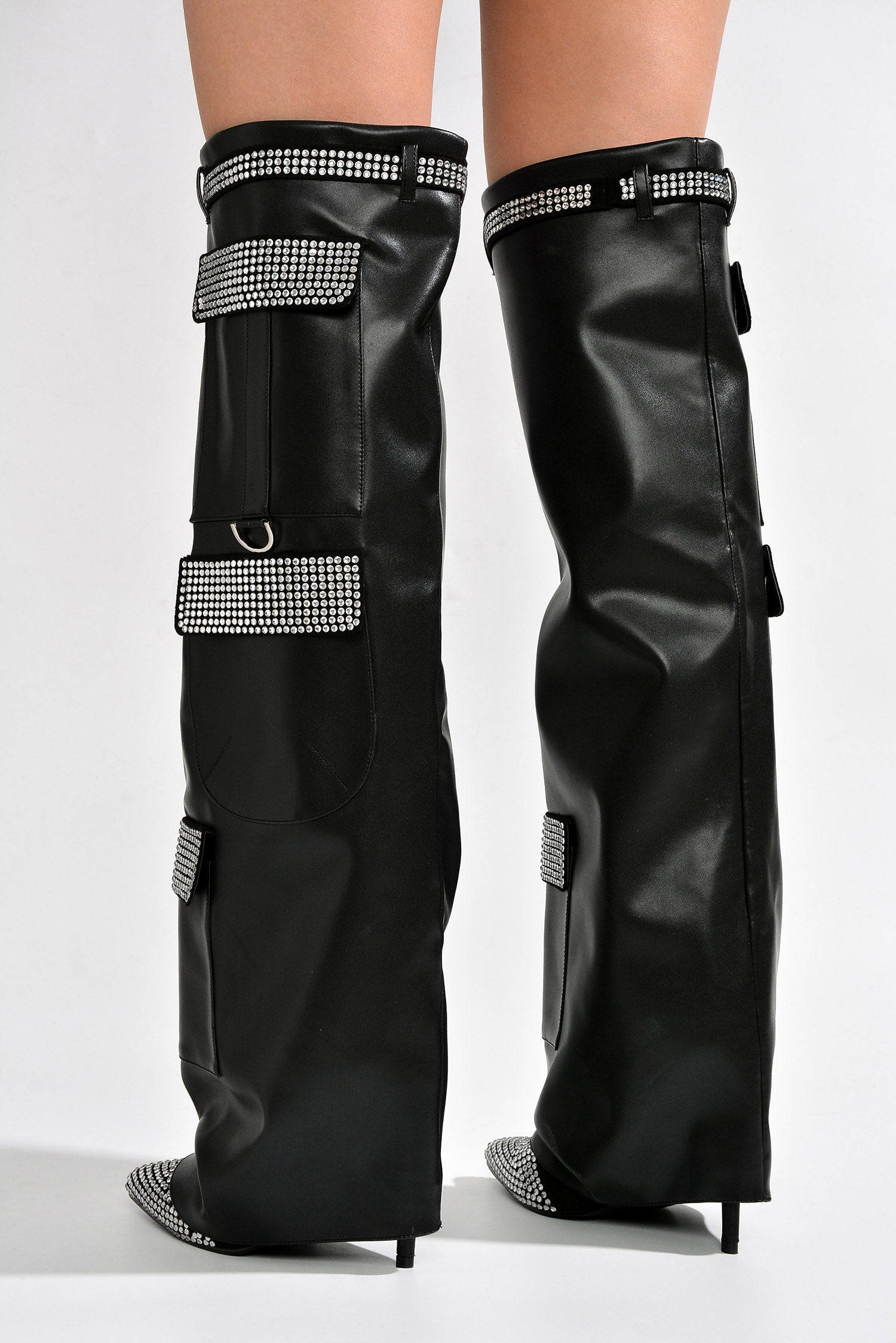 Disco Nights Rhinestone Detail Fold Over Thigh High Boots