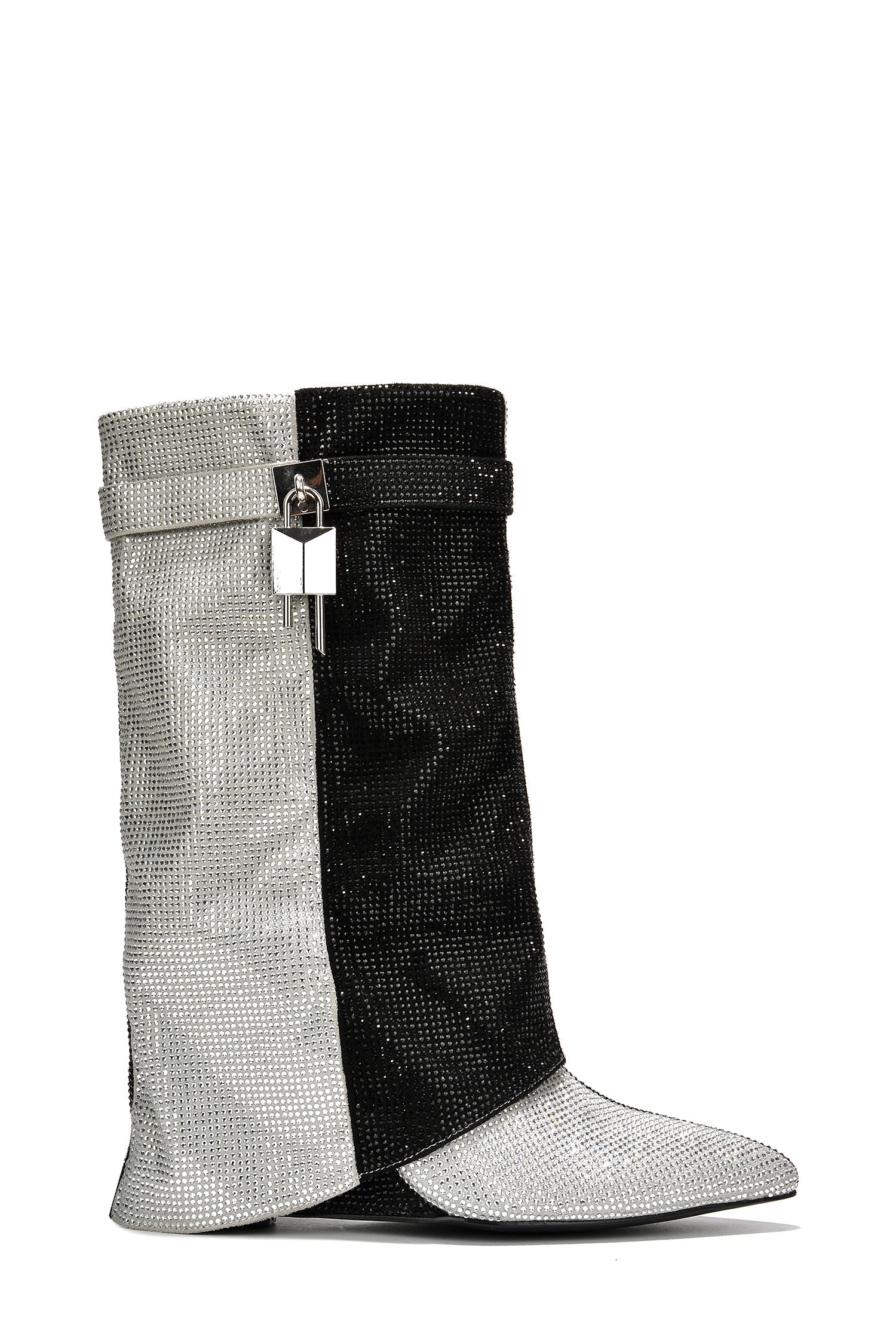 Lights On Rhinestones Studded Fold Over Mid Calf Boots