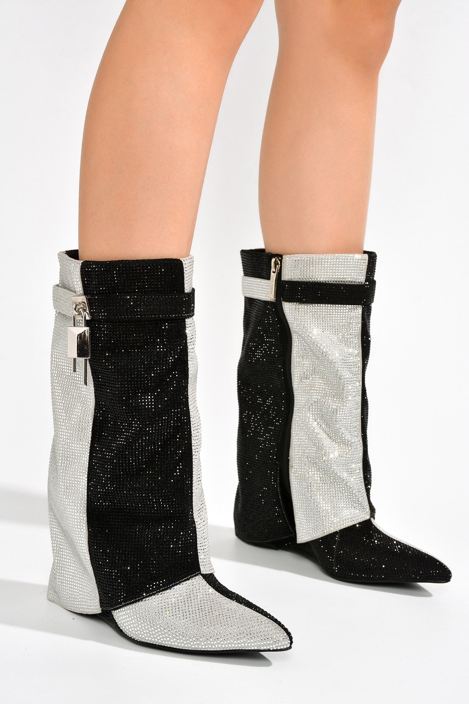Lights On Rhinestones Studded Fold Over Mid Calf Boots