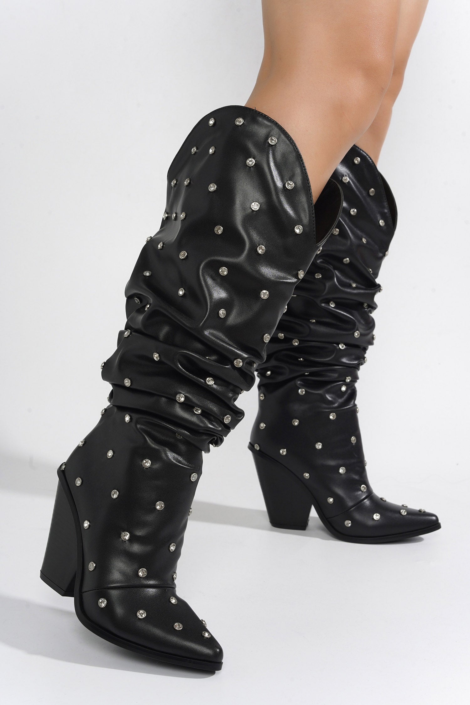 Mary-Jane Rhinestone Embellished Slouchy Western Boots