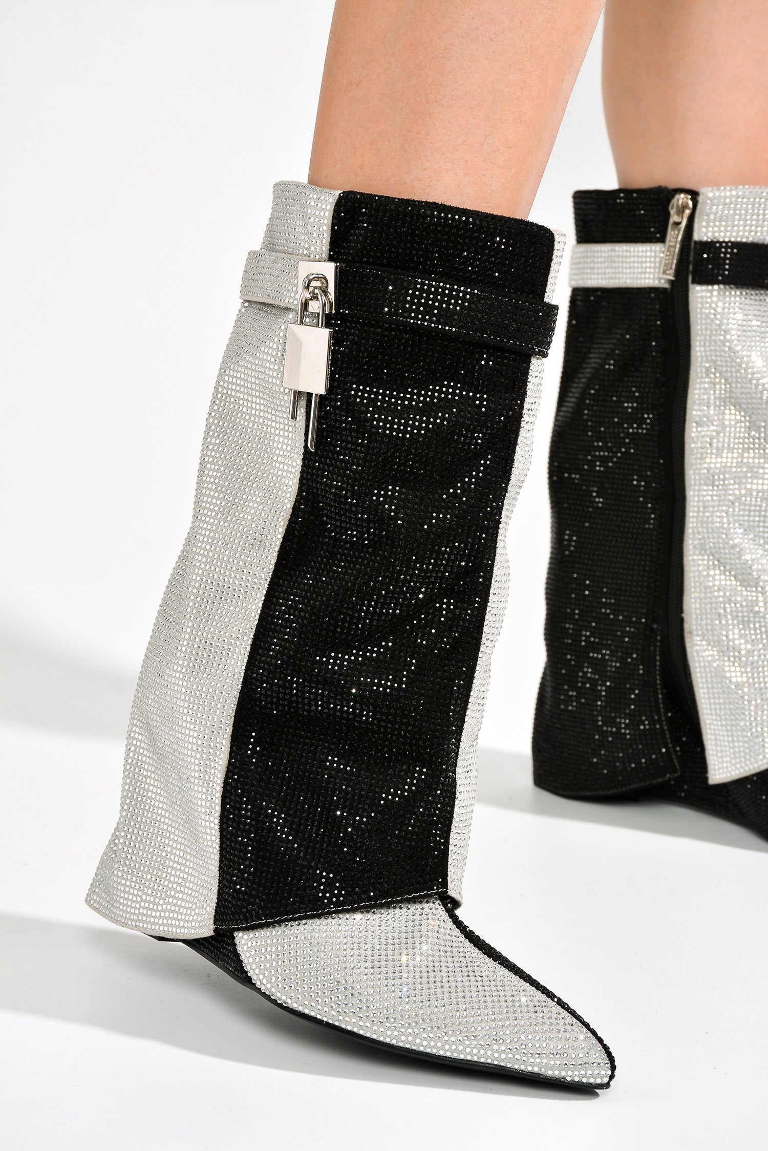 Lights On Rhinestones Studded Fold Over Mid Calf Boots