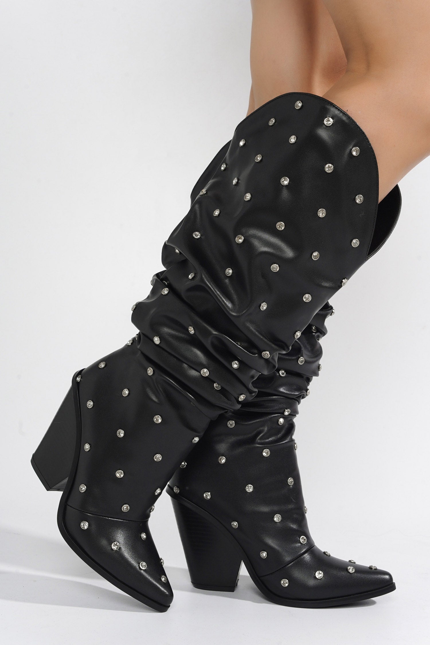 Mary-Jane Rhinestone Embellished Slouchy Western Boots