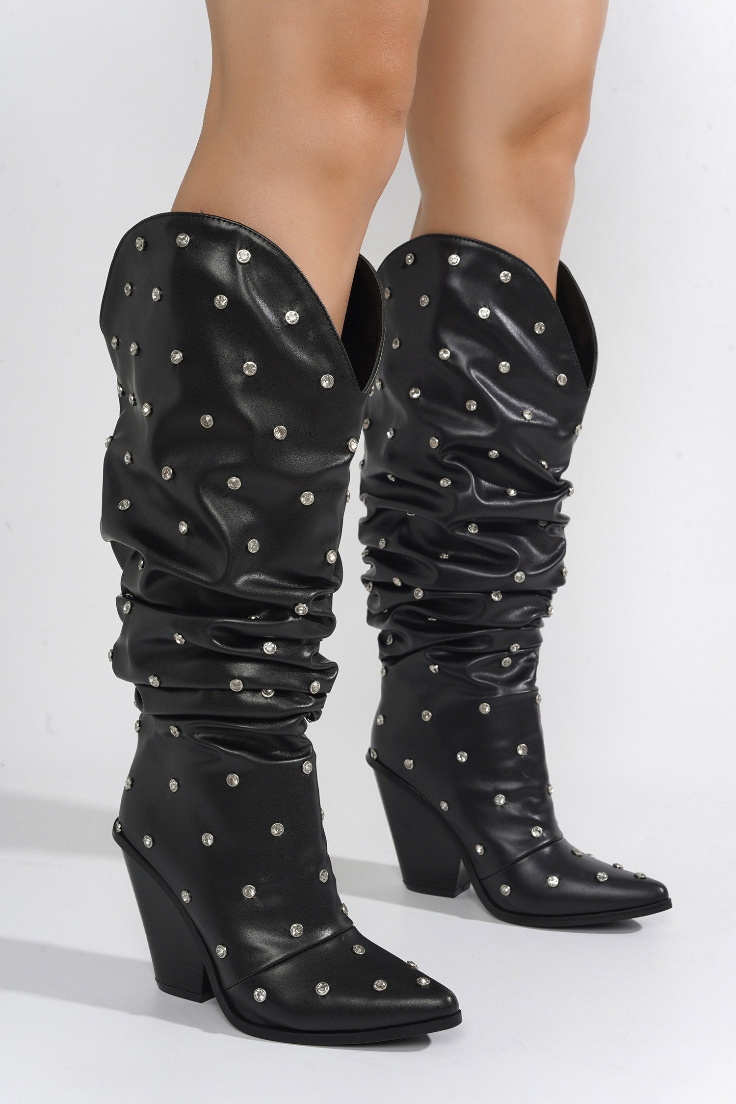 Mary-Jane Rhinestone Embellished Slouchy Western Boots