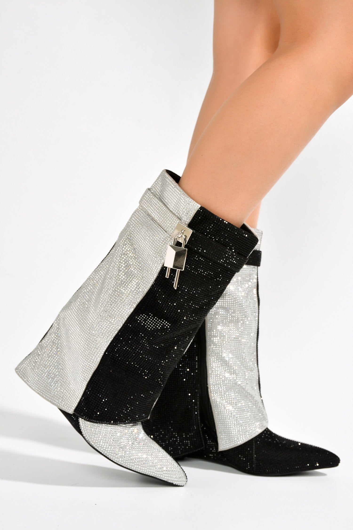 Lights On Rhinestones Studded Fold Over Mid Calf Boots