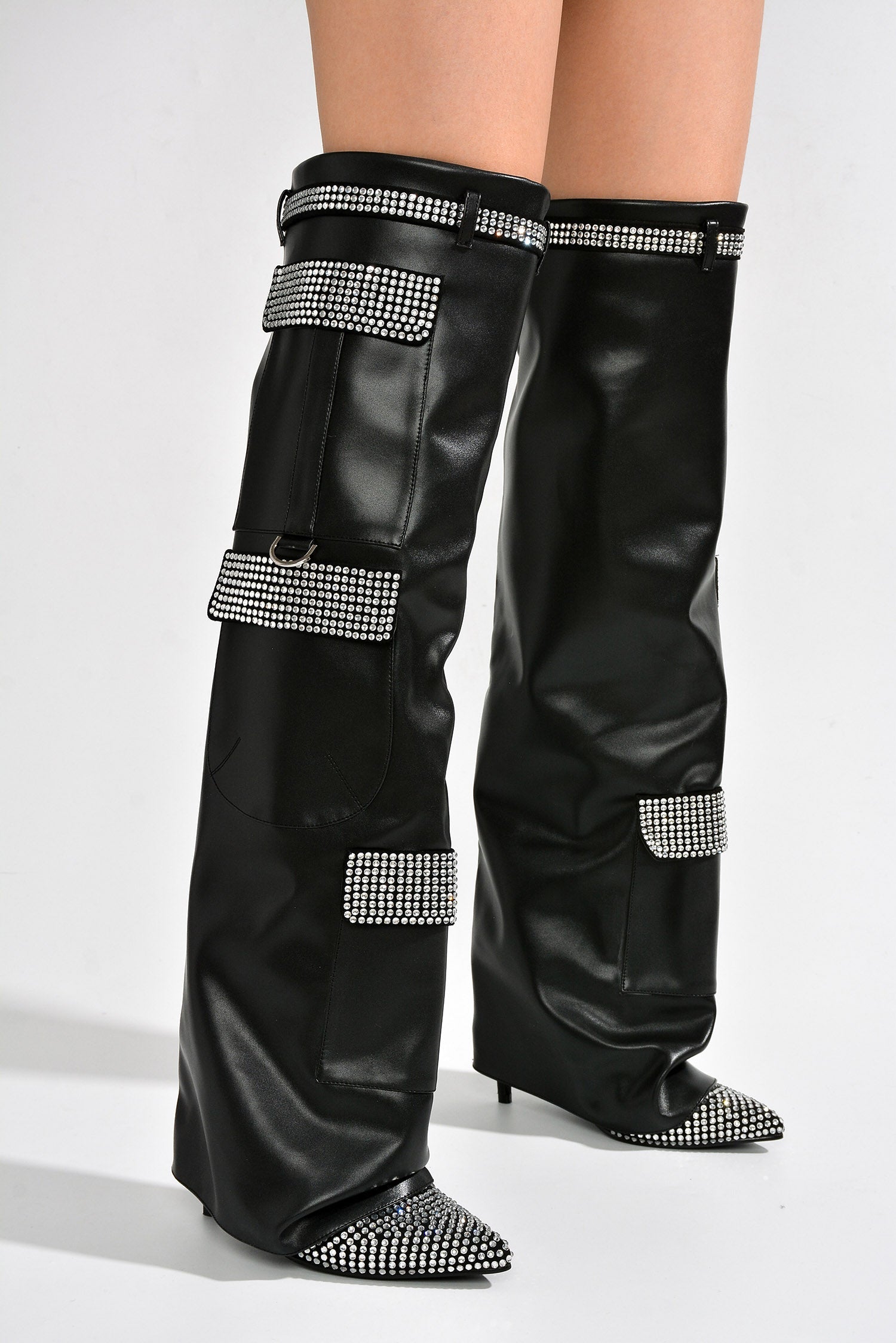 Disco Nights Rhinestone Detail Fold Over Thigh High Boots