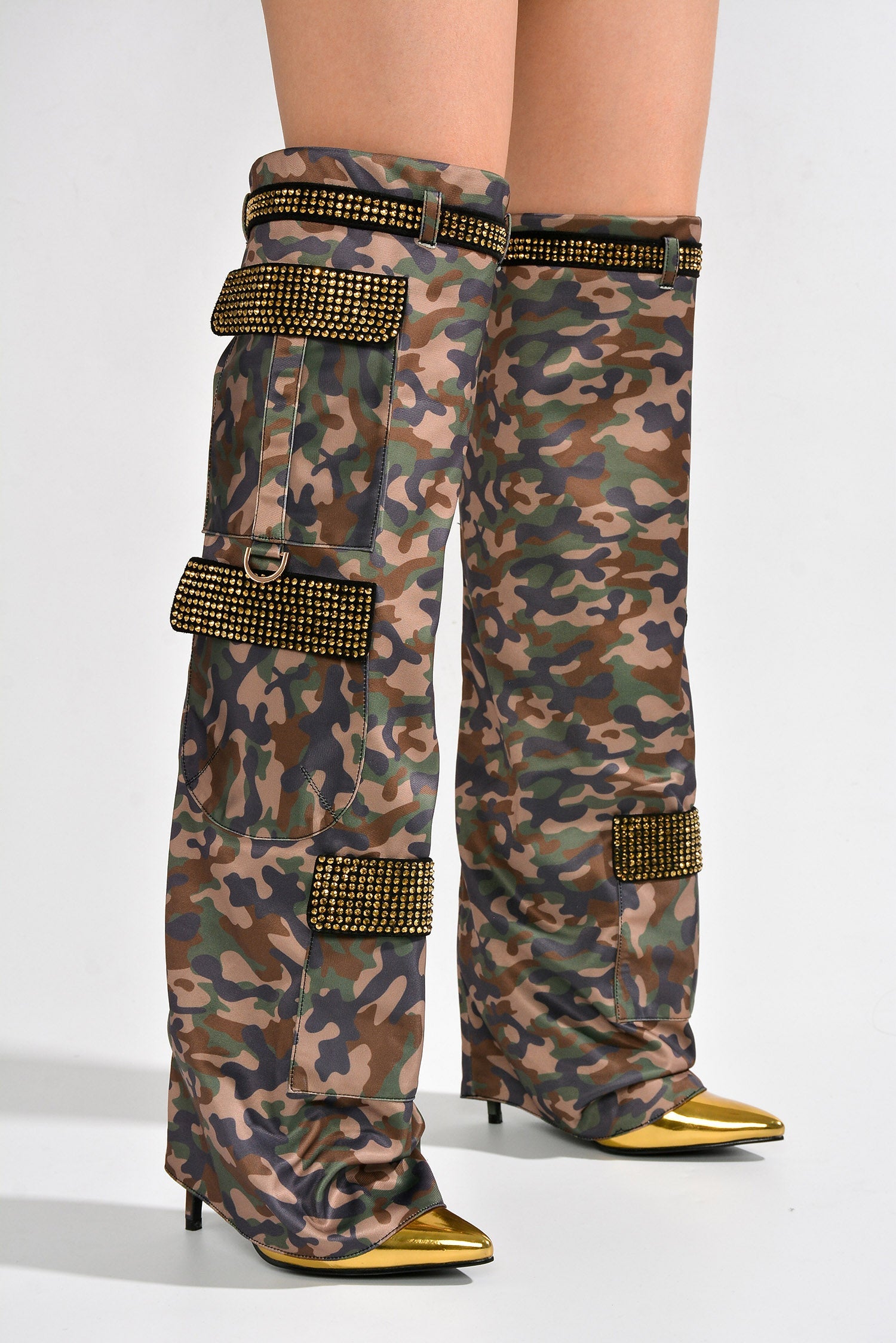 Disco Nights Rhinestone Detail Fold Over Thigh High Boots