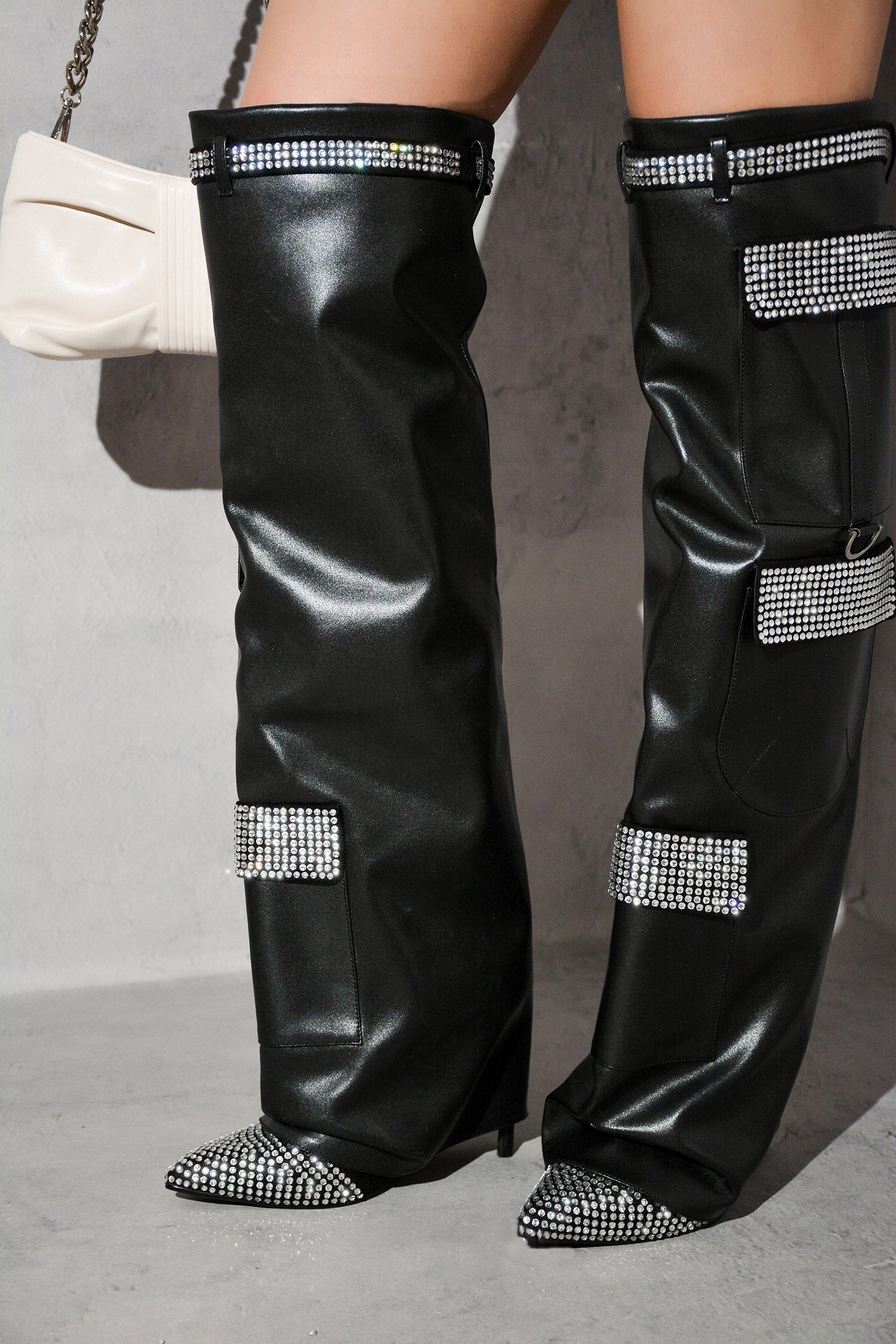 Disco Nights Rhinestone Detail Fold Over Thigh High Boots
