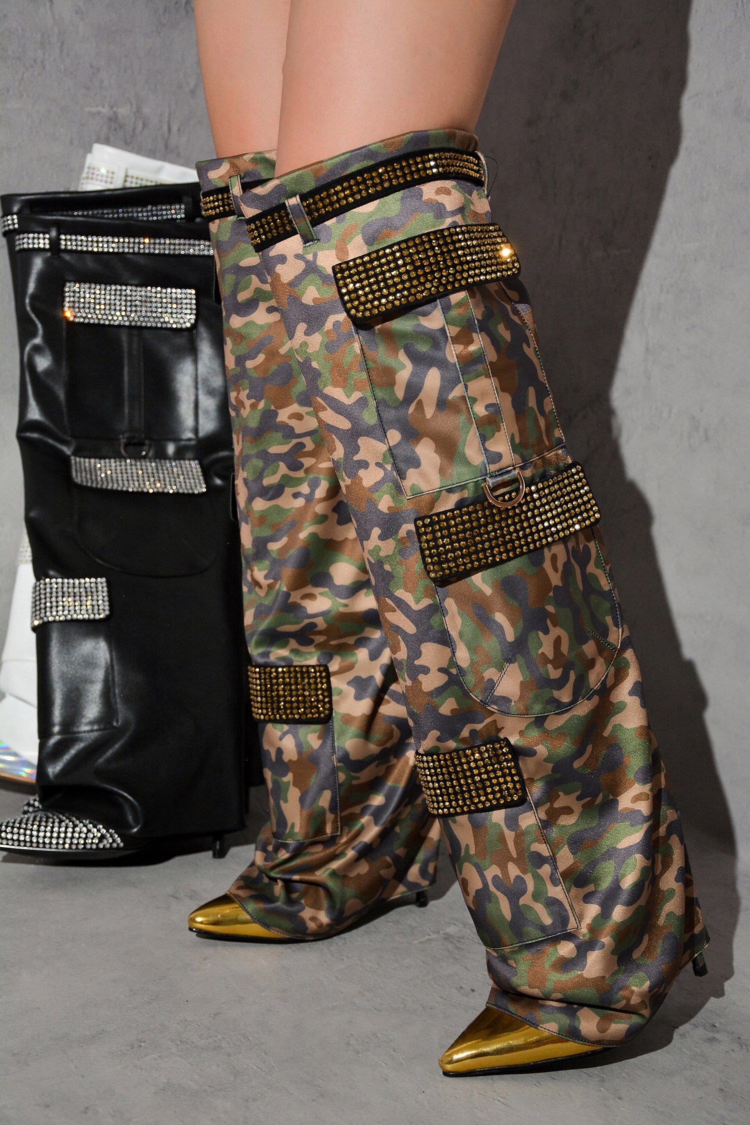 Disco Nights Rhinestone Detail Fold Over Thigh High Boots