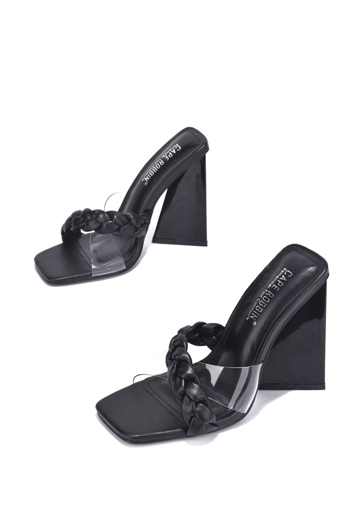 Clara Braid Detail Flared Block Heel Mules