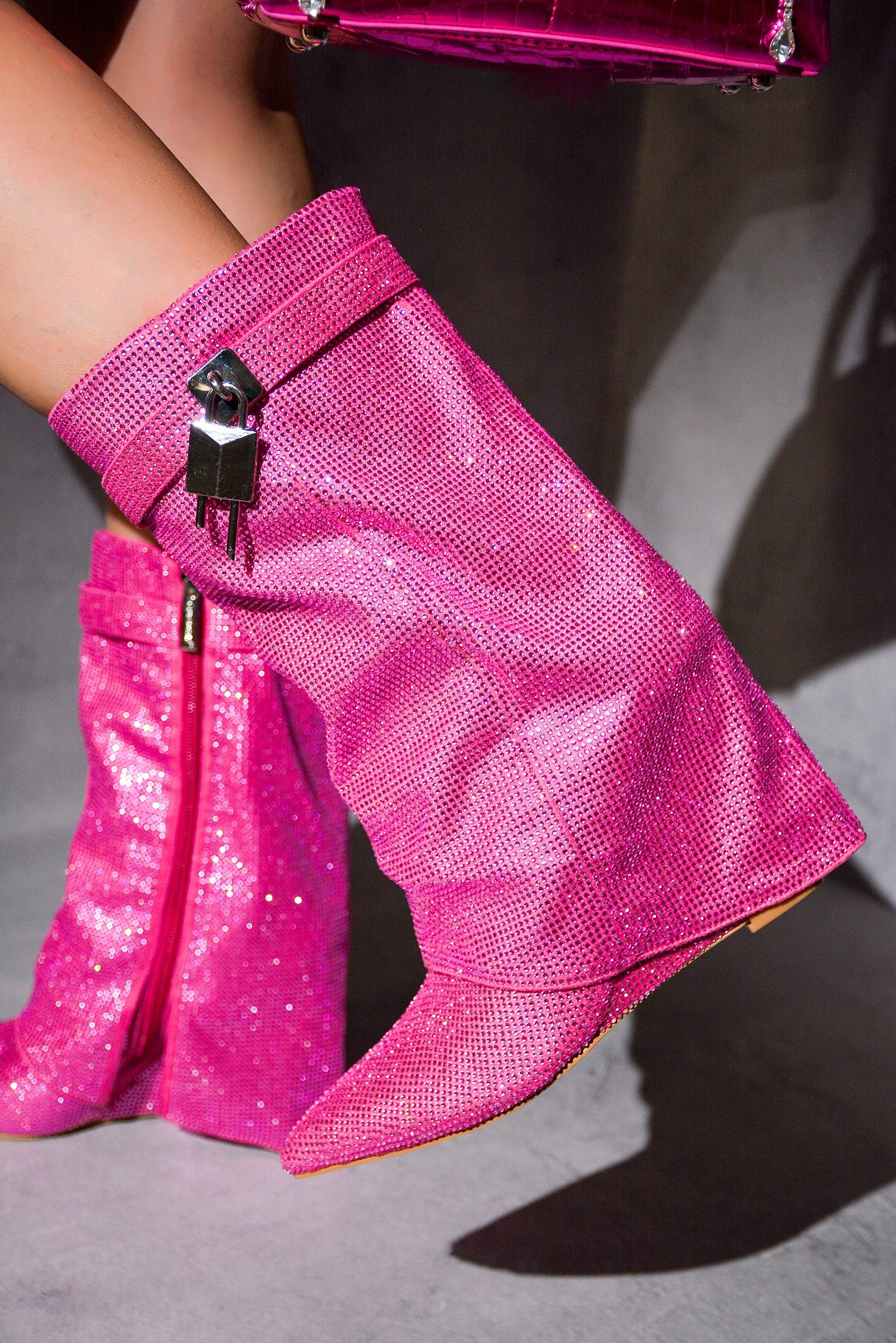 Lights On Rhinestones Studded Fold Over Mid Calf Boots