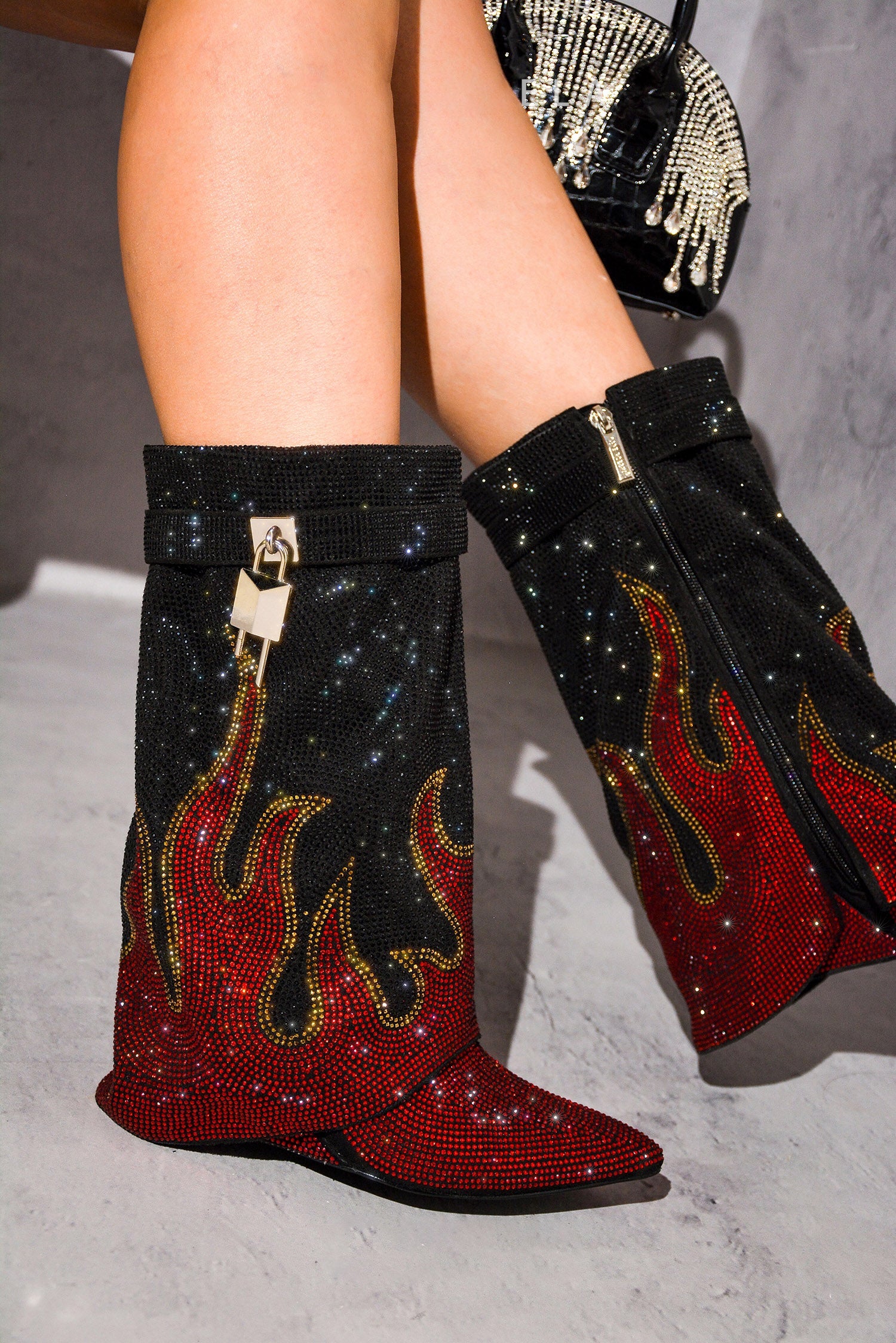 Lights On Rhinestones Studded Fold Over Mid Calf Boots