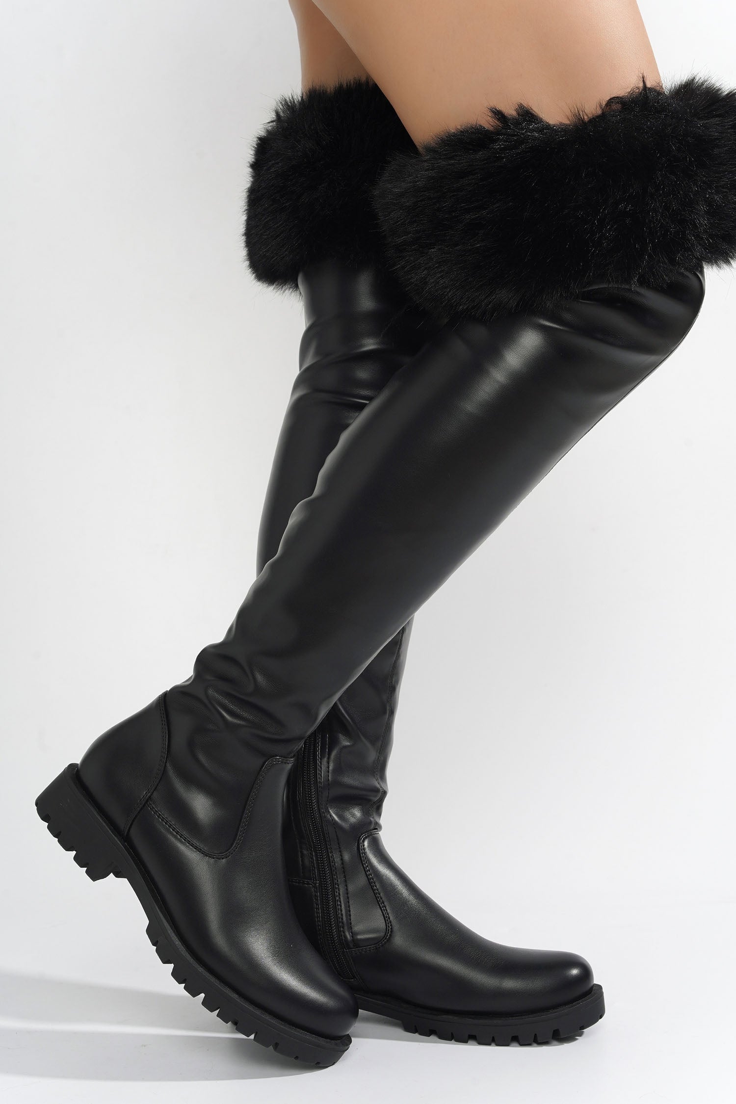 Katya Over The Knee Faux Fur Trim Vegan Leather Boots