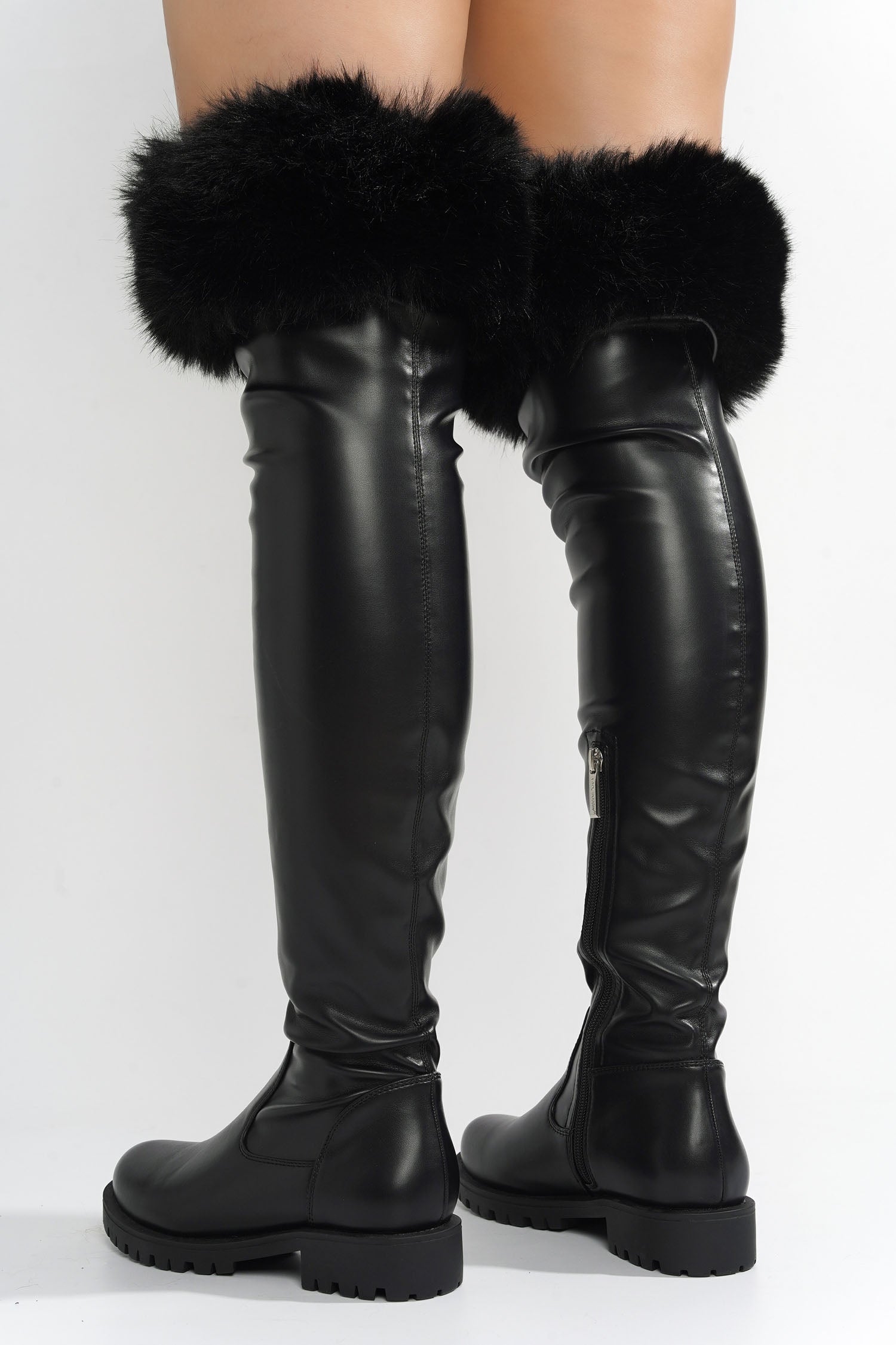 Katya Over The Knee Faux Fur Trim Vegan Leather Boots