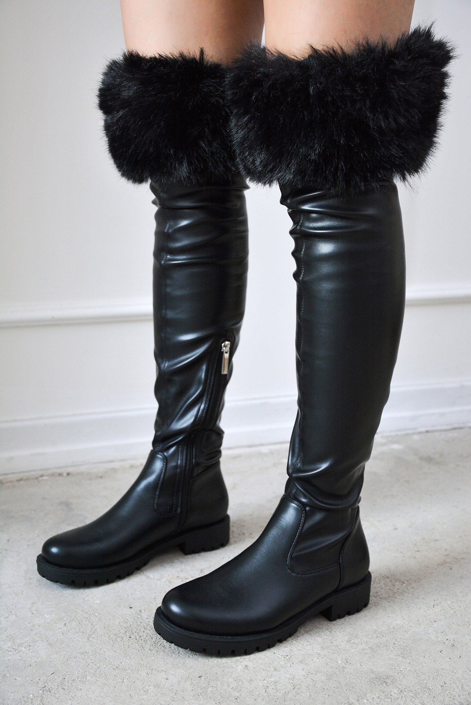 Katya Over The Knee Faux Fur Trim Vegan Leather Boots