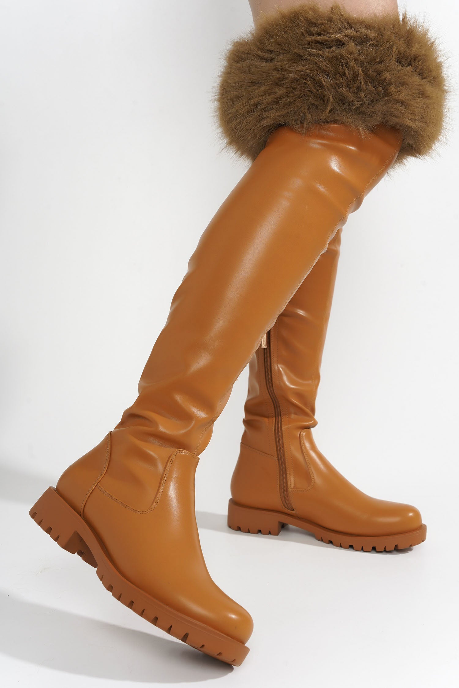 Katya Over The Knee Faux Fur Trim Vegan Leather Boots