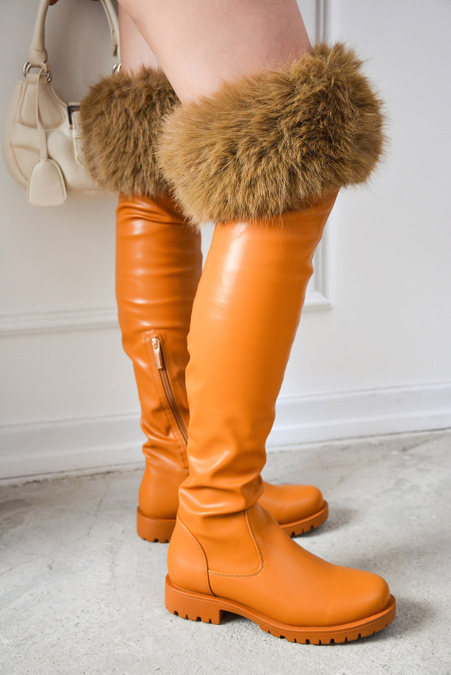 Katya Over The Knee Faux Fur Trim Vegan Leather Boots