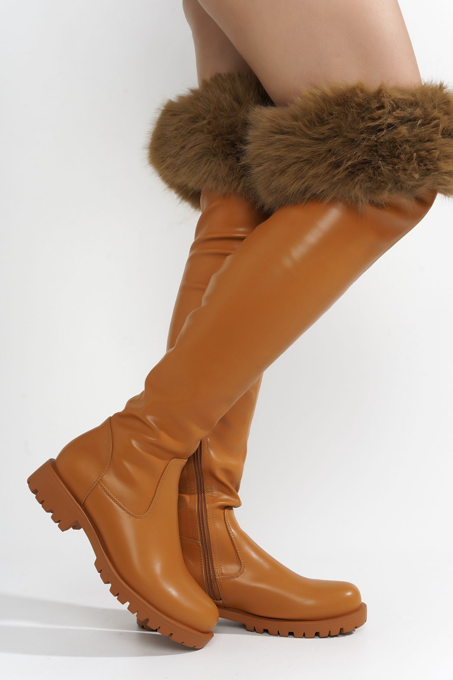 Katya Over The Knee Faux Fur Trim Vegan Leather Boots