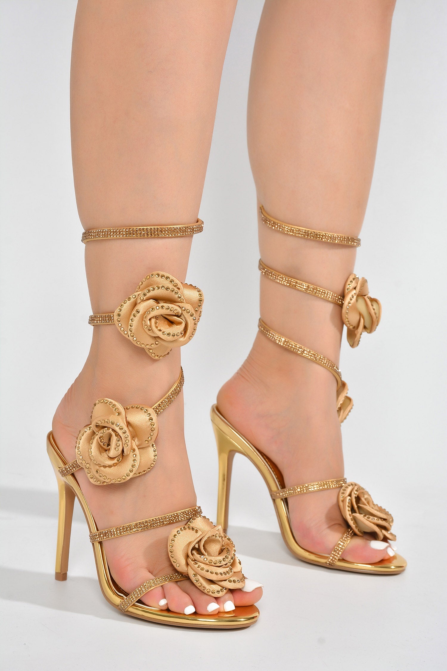 Eden Diamanté Detail 3d Roses Ankle Wrap Heels