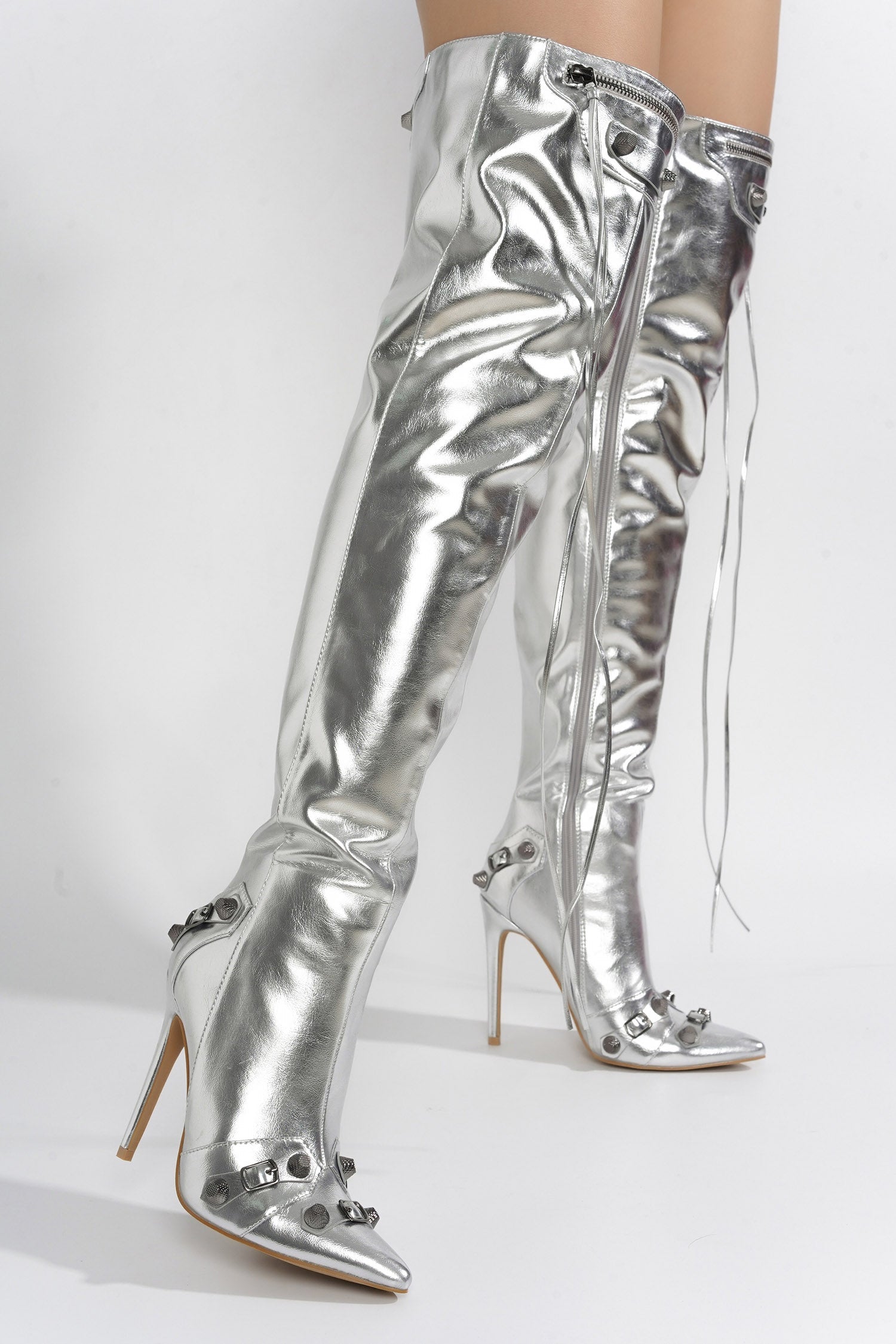 Vega Metallic Pointed Toe Stiletto Over The Knee Boots