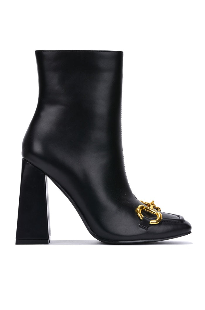 Runway Gold Horse Bit Block Heel Ankle Boots